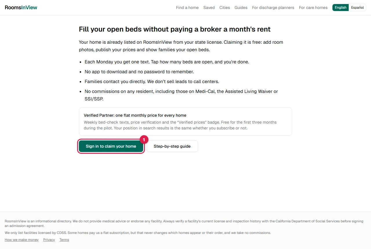 Screenshot: Go to the care home page