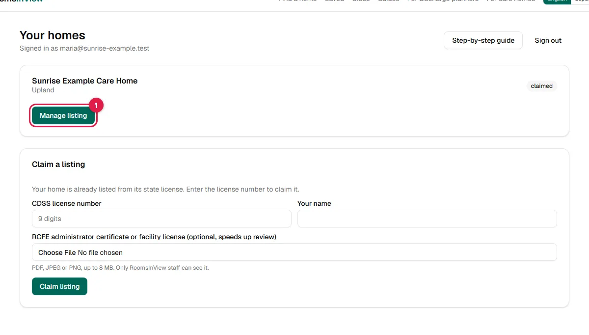 Screenshot: Open your listing