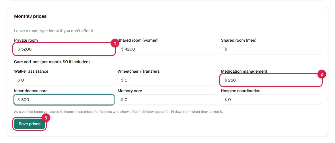 Screenshot: Enter your monthly prices