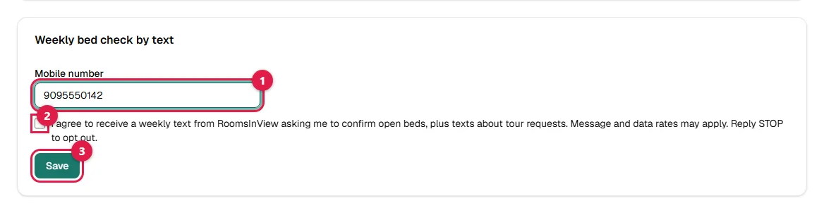 Screenshot: Turn on the weekly bed check by text (recommended)